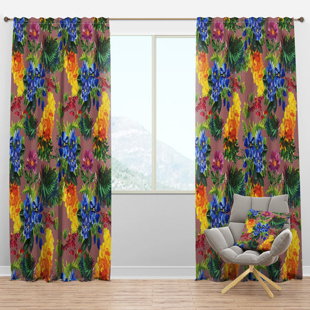 Blue and Yellow and Pink Flower with Little Red Berries - Traditional Curtain Panels
