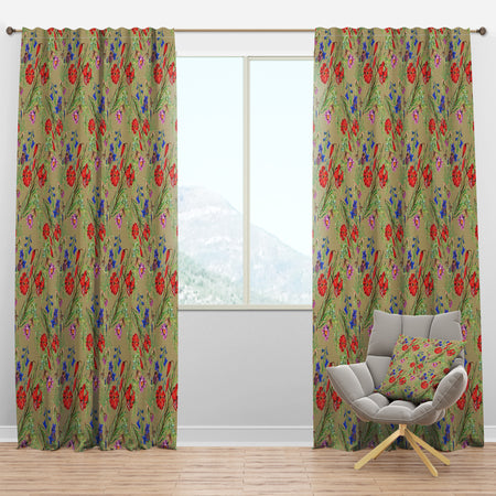 Red, Purple and Little Blue Blossoming Flowers - Floral Curtain Panels