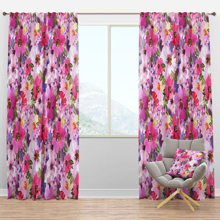 Watercolor Pianted Pink and Purple Flowers - Floral Curtain Panels