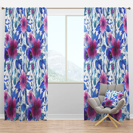 Purple Pansie and Blossoming Daisies - Floral Curtain Panels