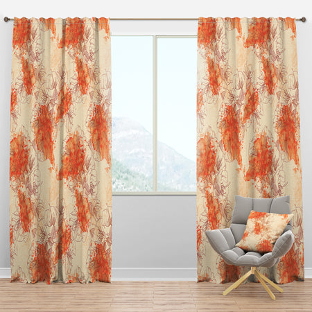 Handdrawn Asian Flowers with Orange Watercolor - Floral Curtain Panels