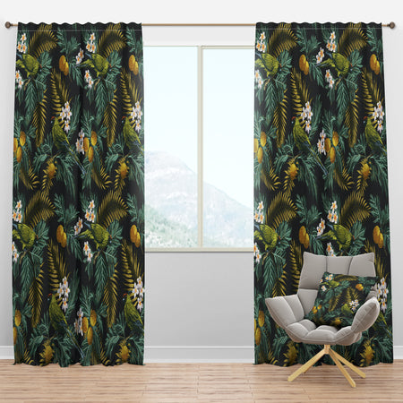 Tropical Leaves with Lemons and Green Bird - Animals Curtain Panels