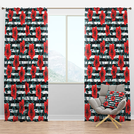 Red Flowers with Leaves, Branches and Berries - Floral Curtain Panels