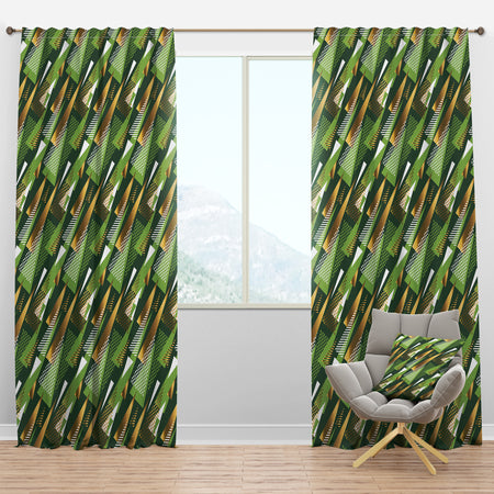 Triangular Gold and Green Design I - Mid-Century Modern Curtain Panels