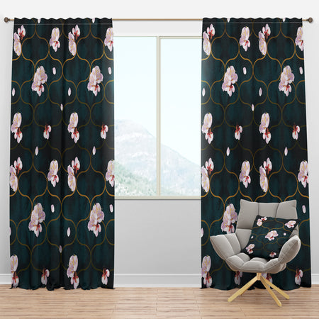Retro Pink Flower Pattern II - Mid-Century Modern Curtain Panels
