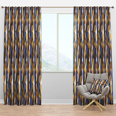 Retro Luxury Waves In Gold And Blue I - Mid-Century Modern Curtain Panels