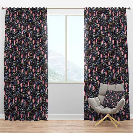 Handdrawn Pink Flowers - Mid-Century Modern Curtain Panels