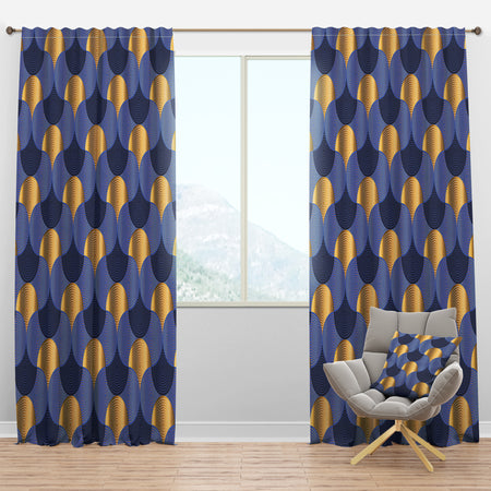 Retro Luxury Waves In Gold And Blue VIII - Mid-Century Modern Curtain Panels