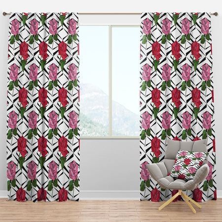 Retro Pink And Red Roses - Mid-Century Modern Curtain Panels