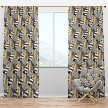 Retro Luxury Waves In Gold And Blue VI - Mid-Century Modern Curtain Panels