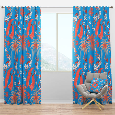 Tropical Retro Foliage Coral II - Mid-Century Modern Curtain Panels