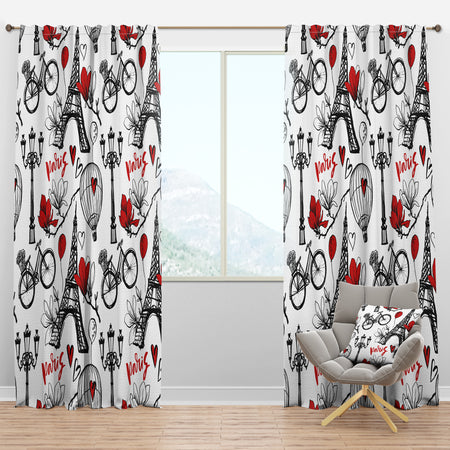 Paris Eiffel Red Hearts I - Mid-Century Modern Curtain Panels
