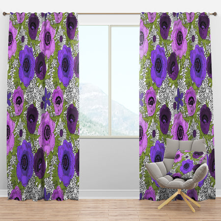 Purple Retro Fantasy Flowers - Mid-Century Modern Curtain Panels