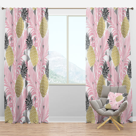 Golden Pineapple Pink Leaves - Mid-Century Modern Curtain Panels