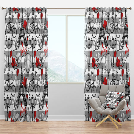 Paris Eiffel Red Hearts II - Mid-Century Modern Curtain Panels