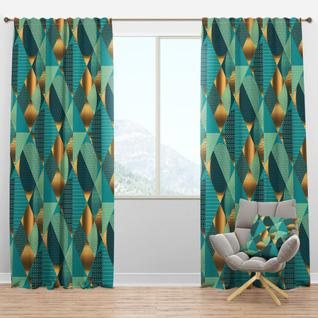 Gold and Blue Dynamics II - Mid-Century Modern Curtain Panels