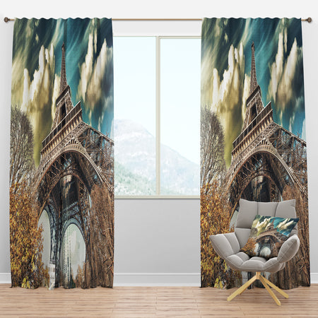 Street View of Paris Eiffel Tower - Cityscape Digital Art Curtain Panels