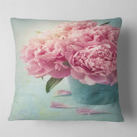 Pink Peony Flowers in Vase - Floral Throw Pillow