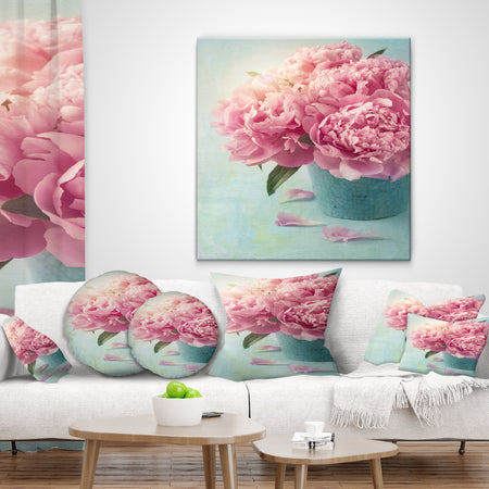 Pink Peony Flowers in Vase - Floral Throw Pillow