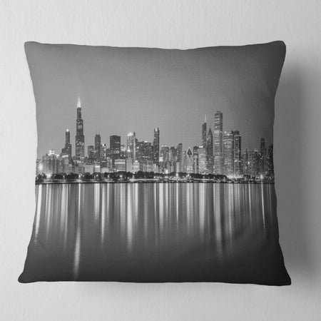 Chicago Skyline at Night Black and White - Cityscape Throw Pillow