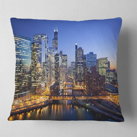 Chicago River with Bridges at Sunset - Cityscape Throw Pillow