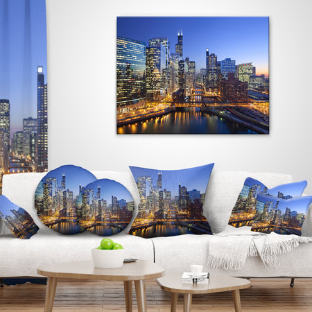Chicago River with Bridges at Sunset - Cityscape Throw Pillow