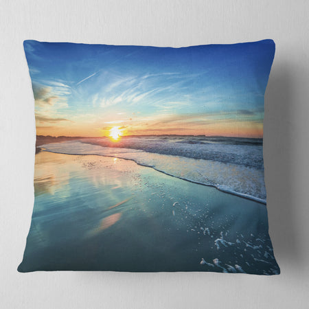 Blue Seashore with Distant Sunset - Seascape Throw Pillow
