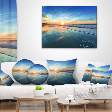 Blue Seashore with Distant Sunset - Seascape Throw Pillow