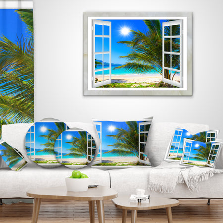 Window Open to Beach with Palm - Seashore Throw Pillow