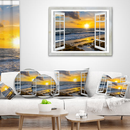 Open Window to Bright Yellow Sunset - Modern Seascape Throw Pillow
