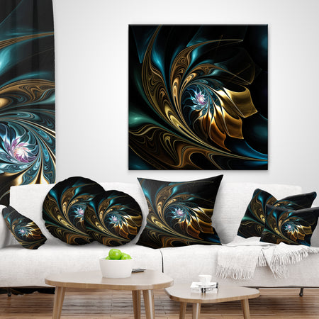Brown Blue Fractal Flower in Black - Abstract Throw Pillow