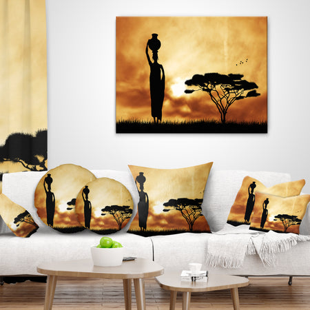 African Woman and Lonely Tree - African Landscape Printed Throw Pillow