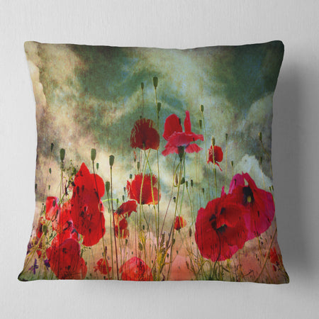 Wild Red Poppy Flowers in Sky - Floral Throw Pillow
