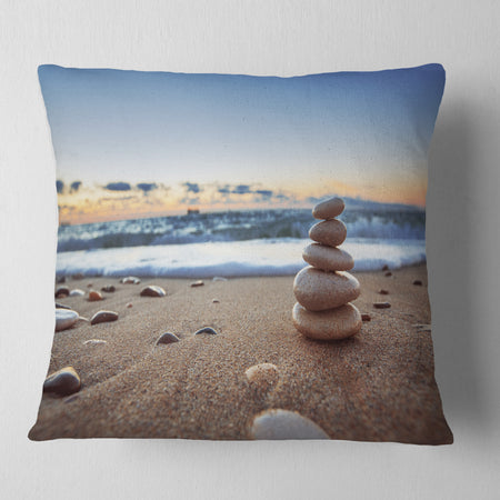 Stones Balance on Sandy Beach - Seashore Throw Pillow