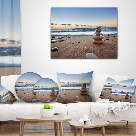Stones Balance on Sandy Beach - Seashore Throw Pillow