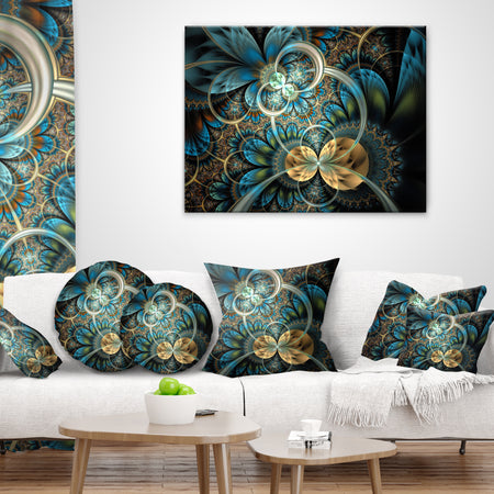 Symmetrical Blue Gold Fractal Flower - Abstract Throw Pillow