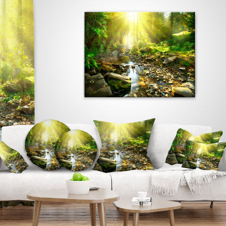 Mountain Stream in Forest - Landscape Photography Throw Pillow
