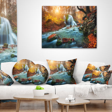 Fast Flowing Fall River in Forest - Landscape Photography Throw Pillow