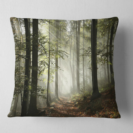 Light in Dense Fall Forest with Fog - Landscape Printed Throw Pillow