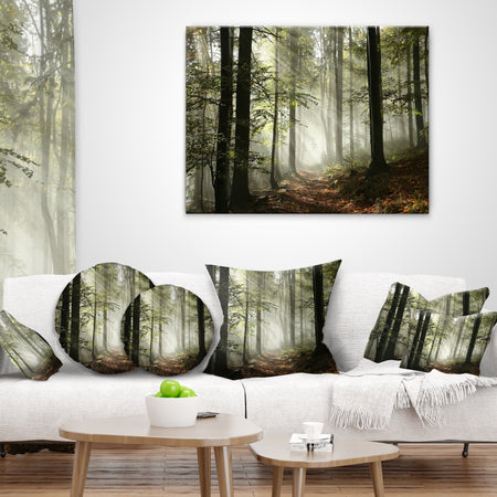 Light in Dense Fall Forest with Fog - Landscape Printed Throw Pillow