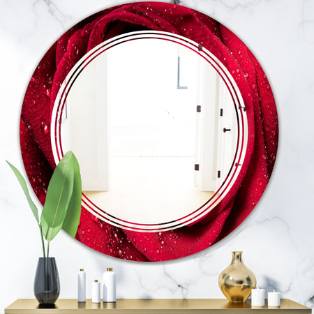 Red Rose Petals with Rain Droplets - Modern Round or Oval Wall Mirror - Triple C