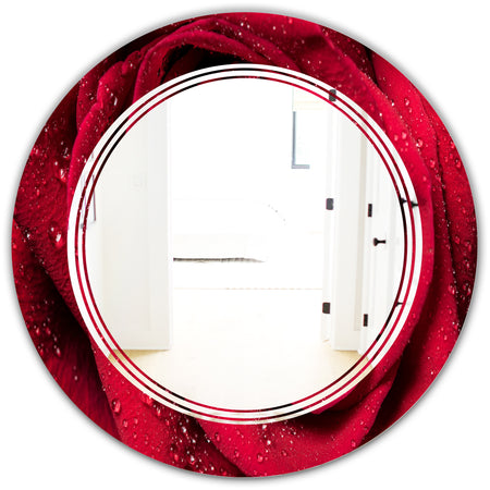 Red Rose Petals with Rain Droplets - Modern Round or Oval Wall Mirror - Triple C
