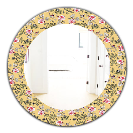 Floral and Birds In Yellow - Traditional Mirror - Oval or Round Wall Mirror