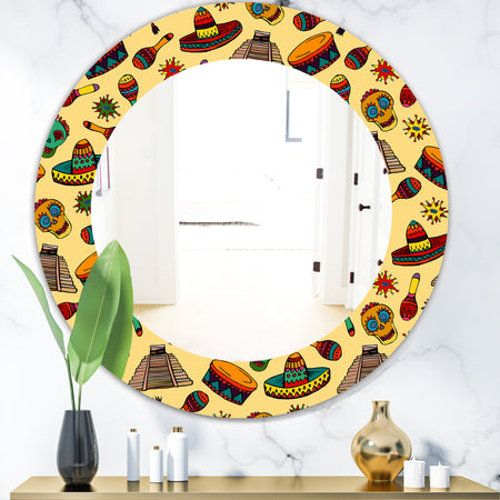 Pattern With Mexican Symbols - Bohemian and Eclectic Mirror - Oval or Round Wall Mirror