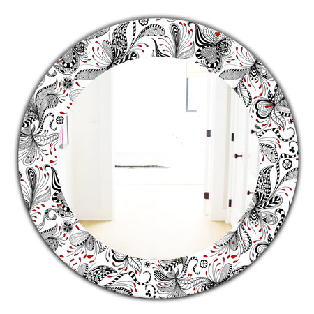 Black & Red Floral Pattern - Bohemian & Eclectic Mirror - Oval or Round Wall Mirror