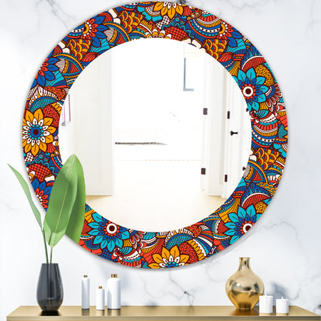 Hand Drawn Pattern With Floral Elements - Bohemian and Eclectic Mirror - Oval or Round Wall Mirror