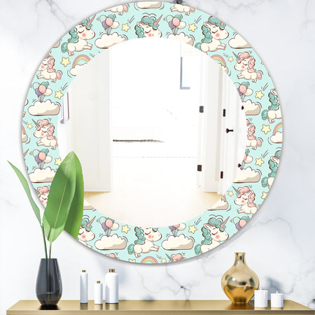 Pattern With Cute Unicorns and Clouds - Modern Mirror - Oval or Round Wall Mirror