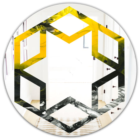 Marbled Yellow 4 - Modern Round or Oval Wall Mirror - Hexagon Star