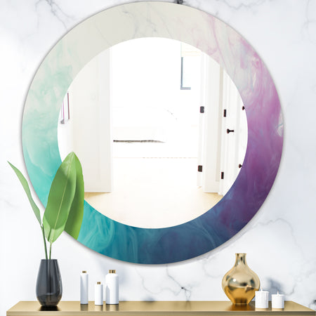 Cyan Blue and Pink Water In Ink Composition - Mid-Century Mirror - Frameless Oval or Round Wall Mirror