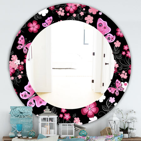 Porch & Den Dapplegrey Obsidian Black and Pink Floral and Butterfly Mirror